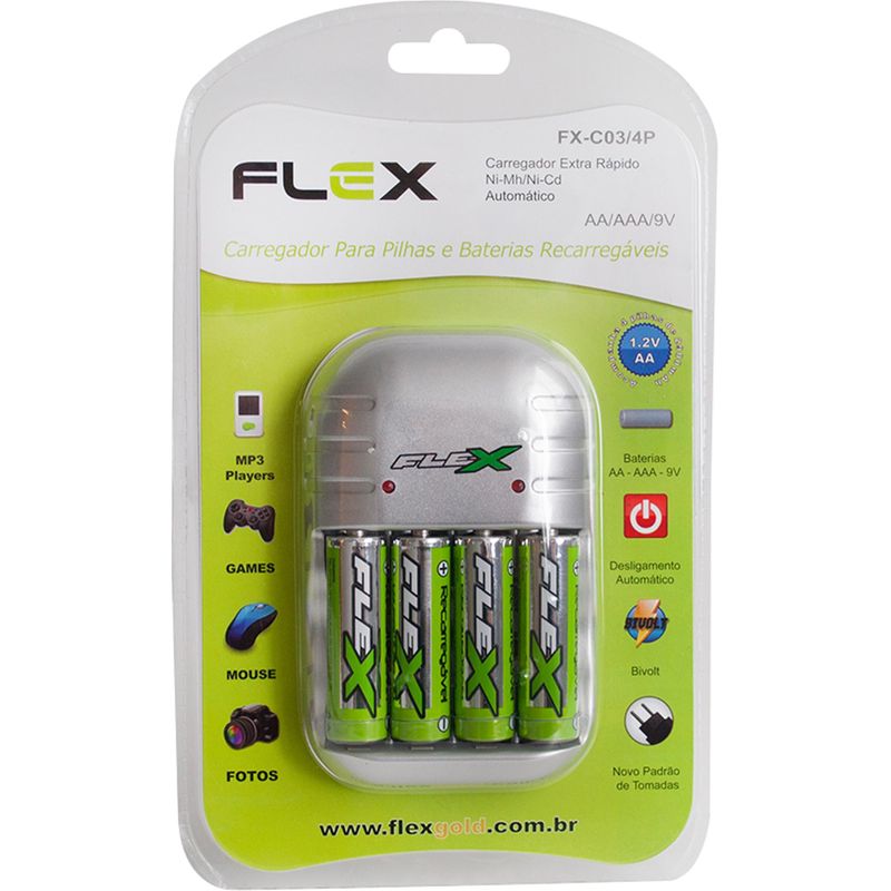 Carregador de Pilhas FXC03-4P AA/AAA/9V FLEX
